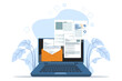 © FAHMI - File manager or document storage concept, Laptop files and documents, Email Attachment Files, Online communication, Checking New Emails on Laptop Screen Display. flat vector illustration on background