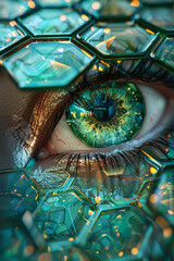 Fototapete - Isometric pattern of hexagonal grids with embedded minimalist eye icons,