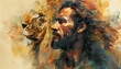 © InkCrafts - A bearded man with a lion's head beside him, painted in a watercolor style.  The image evokes a sense of power, strength, and connection with nature.
