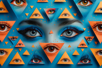 Aufkleber - Seamless background featuring isometric triangles and stylized eye shapes,