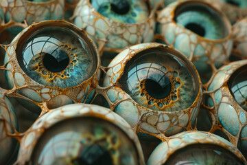 Fototapete - Abstract isometric spheres with eye designs, arranged in a lattice,