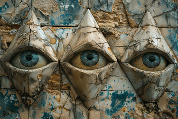 Poster - Isometric repeating pattern of pyramids with embedded eye symbols,