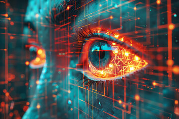 Poster - abstract isometric grid of interconnected cubes with large eye symbols,