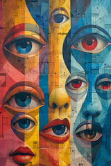 Poster - isometric background featuring a repeating pattern of geometric shapes and eye symbols,