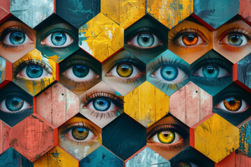 Poster - Abstract isometric hexagonal prisms with large eye icons, creating a cohesive pattern,