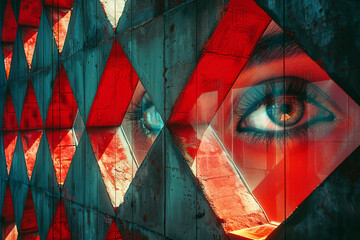 Poster - Minimalist isometric diamond shapes with integrated eye designs,