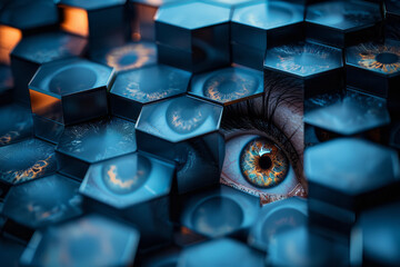 Poster - Abstract isometric hexagonal prisms with large eye icons, creating a cohesive pattern,