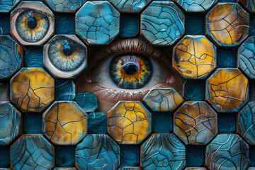 Poster - isometric pattern of stylized eyes and geometric hexagons, arranged in a lattice,
