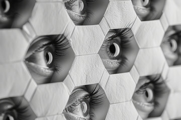 Poster - isometric pattern of stylized eyes and geometric hexagons, arranged in a lattice,