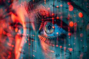 Poster - Abstract isometric pattern of interconnected geometric shapes with eye icons,