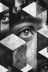 Aufkleber - Seamless pattern of isometric squares with simple eye symbols, creating a grid,
