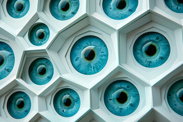Poster - Isometric background featuring repeating hexagons with embedded large eyes,