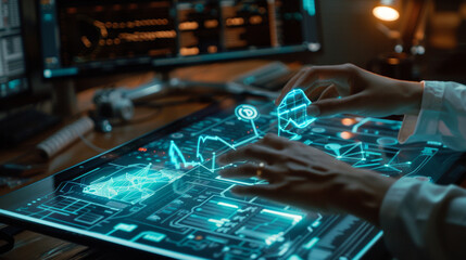 Poster - Close-up of hands interacting with a futuristic digital interface, showcasing advanced technology, holograms, and data visualization in a high-tech environment. Hands Interacting with Futuristic Digi
