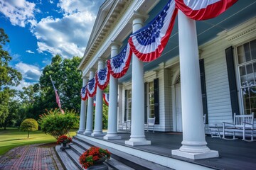 Wall Mural - A majestic historic courthouse adorned with patriotic bunting and the American flag flying proudly, representing the essence of liberty and justice.