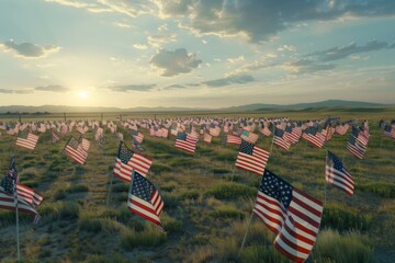 Wall Mural - An awe-inspiring aerial view of a vast landscape covered in a sea of American flags, creating a stunning and patriotic spectacle.