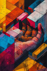Aufkleber - Isometric pattern of geometric prisms with integrated hands radiating dynamic lines,