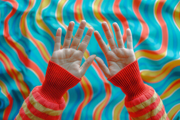 Aufkleber - Minimalist isometric pattern of hands in a zigzag arrangement, emphasizing dynamic movement and energy,