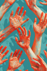 Poster - Seamless isometric pattern with hands forming diamond shapes, creating a geometric and energetic design,