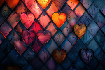 Wall Mural - Abstract seamless background of heartbeat shapes arranged in a diamond grid pattern,