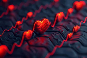 Poster - Seamless isometric pattern with heartbeat shapes in a staggered arrangement, emphasizing dynamic rhythm,