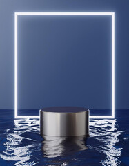 Poster - 3D background, podium, display with water. Dark blue and silver pedestal with square frame. Abstract Minimal geometric, studio scene for male product presentation or text. Branding 3D render