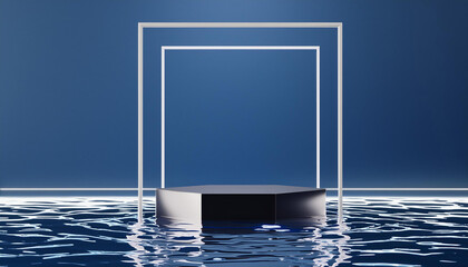 Poster - 3D background, podium, display with water. Dark blue and silver pedestal with square frame. Abstract Minimal geometric, studio scene for male product presentation or text. Branding 3D render