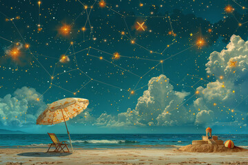 Aufkleber - Illustration of a constellation shaped like a summer beach scene, with stars forming an umbrella, beach ball, and sandcastle,