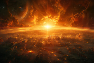 Fototapete - Illustration of a cosmic sunrise, with a giant star rising over the horizon of a distant planet, casting a golden glow,