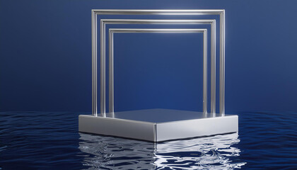 Poster - 3D background, podium, display with water. Dark blue and silver pedestal with square frame. Abstract Minimal geometric, studio scene for male product presentation or text. Branding 3D render