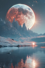 Poster - Image of a planet with a surface resembling a calm sea, reflecting the light of multiple suns in a binary star system,