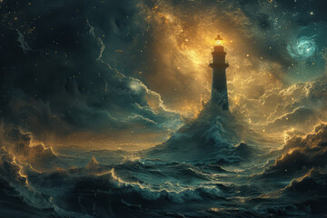 Poster - Image of a cosmic lighthouse made of stardust, guiding spaceships through a galaxy filled with cloud formations and glowing waves,