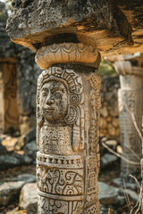 Aufkleber - Artistic rendering of a stone pillar adorned with carvings of sunscreen bottles, symbolizing protection and ritual,
