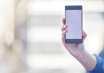 Poster - Business person, hands and smartphone screen or display for advertising, mockup and online branding. Mobile, marketing and blank space for product placement, logo or text message with information