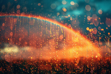 Poster - image of a summer rain shower over a geometric landscape, with hexagonal raindrops and a rectangular