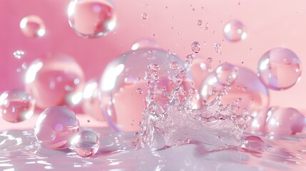 Canvas Print - 3D spheres floating around the water in pink and white colors.