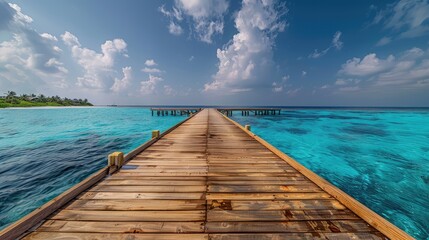 Wall Mural - A deserted beach with an abandoned pier, weathered wood and rusted metal, waves softly breaking on the shore, and a dramatic sky above.

