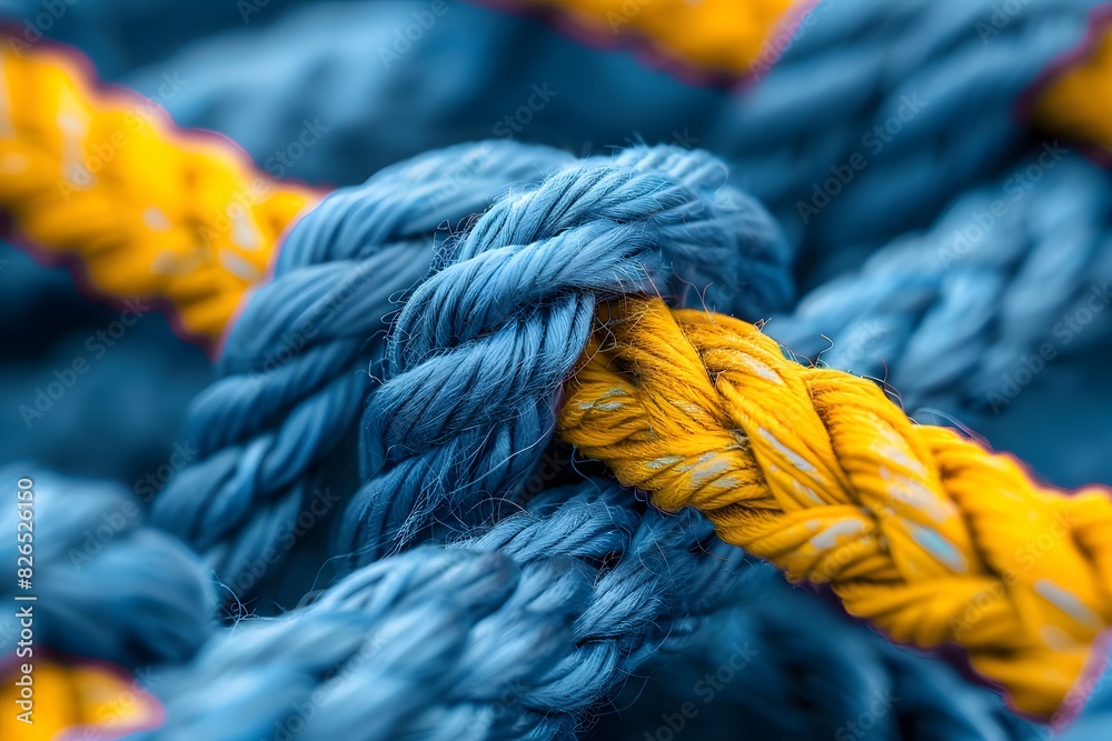 Colorful ropes are intertwined together. Symbol of a strong team. Blue ...