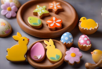 Wall Mural - A wooden table with various Easter pastries and dishes on a grey background