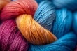 © Maryna - Close up view of cotton yarn texture. Colorful big yarn braids for knitting arranged in row, natural cotton background. Background for handmade and knitting store. Knitting accessories.