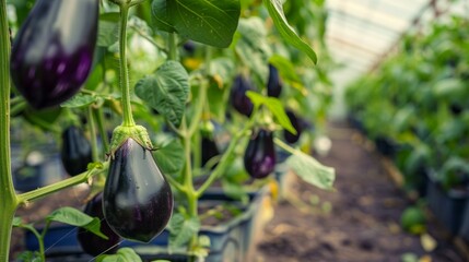 Wall Mural - A bunch of purple eggplant hanging from a plant
