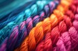 © Maryna - Close up view of cotton yarn texture. Colorful big yarn braids for knitting arranged in row, natural cotton background. Background for handmade and knitting store. Knitting accessories.