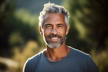 Portrait of handsome mature man with grey hair smiling at camera in park