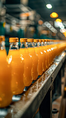 Poster - Conveyor Belt Moving Orange Juice Bottles in an Industrial Factory Environment