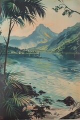 Wall Mural - minimalist woodcut painting. The scene is of Situated beside the lake and stretching into the distance are the mountains. At the foot of the mountains, you can vaguely see the manor hidden 