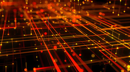 Poster - futuristic neon lines form a high-tech grid. orange and yellow connectivity concept.
