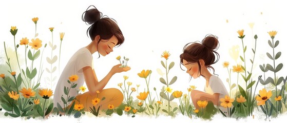 Charming illustration of a mother and daughter planting flowers, cartoon style.