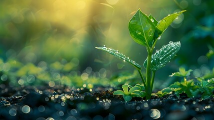 Poster - A Fresh and Green Plant Sprouting with Dewdrops Surrounded by Soft Morning Light Symbolizing Growth and New Beginnings