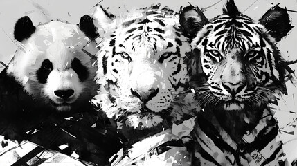 Wall Mural - white tiger, panda and zebra are friends on black and white background