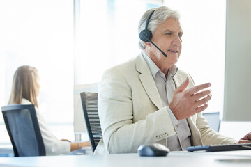 Poster - Mature man, talking and call center with headset for customer support, communication or service. Contact us, CRM and consulting agent at desk for student aid, career guidance or scholarship advice