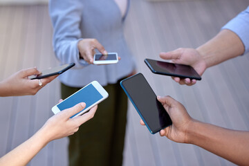 Aufkleber - hands, group and smartphone in office for connection, networking and social network for teamwork. co